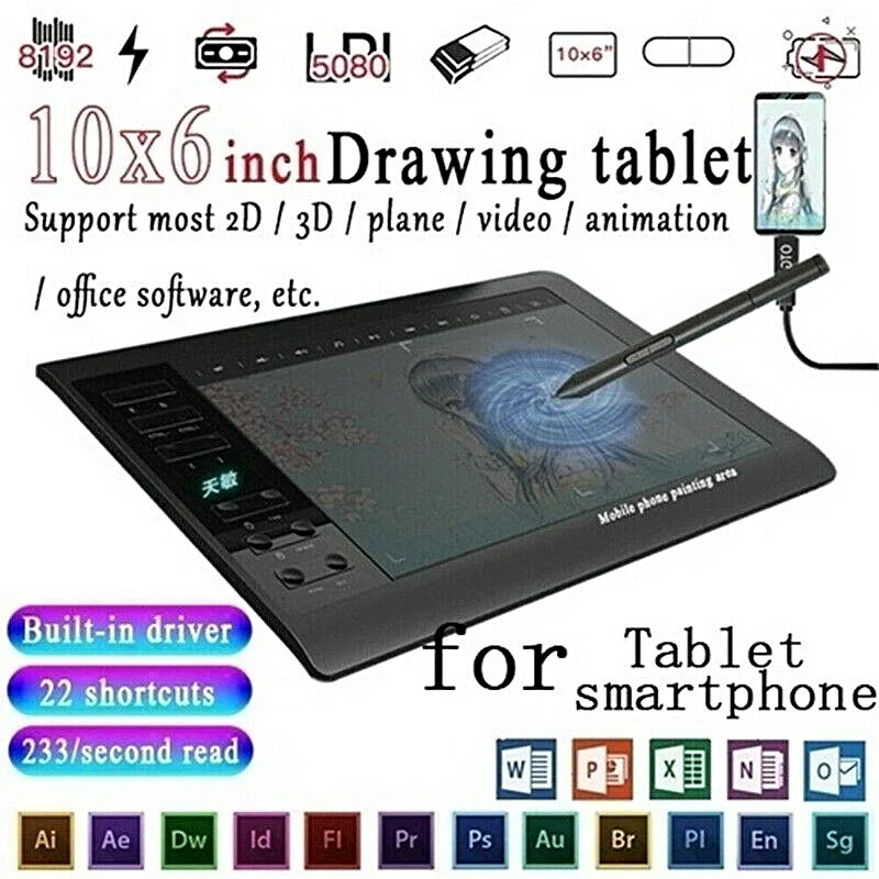 10x6インチプロフェッショナルグラフィック描画タブレット12エクスプレスキー8192レベルバッテリーフリースタイラス/30本ペンリフィルサポートPCラップトップ