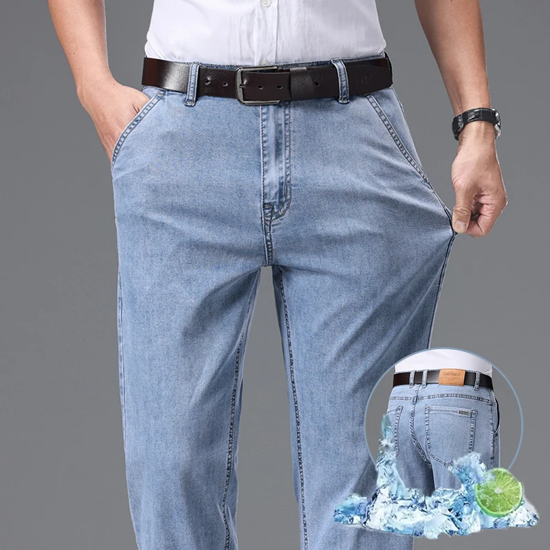 ブランド薄型リヨセルヴィンテージジーンズメンズファッションストレートパンツスリム弾性通気性男性服デニムパンツ