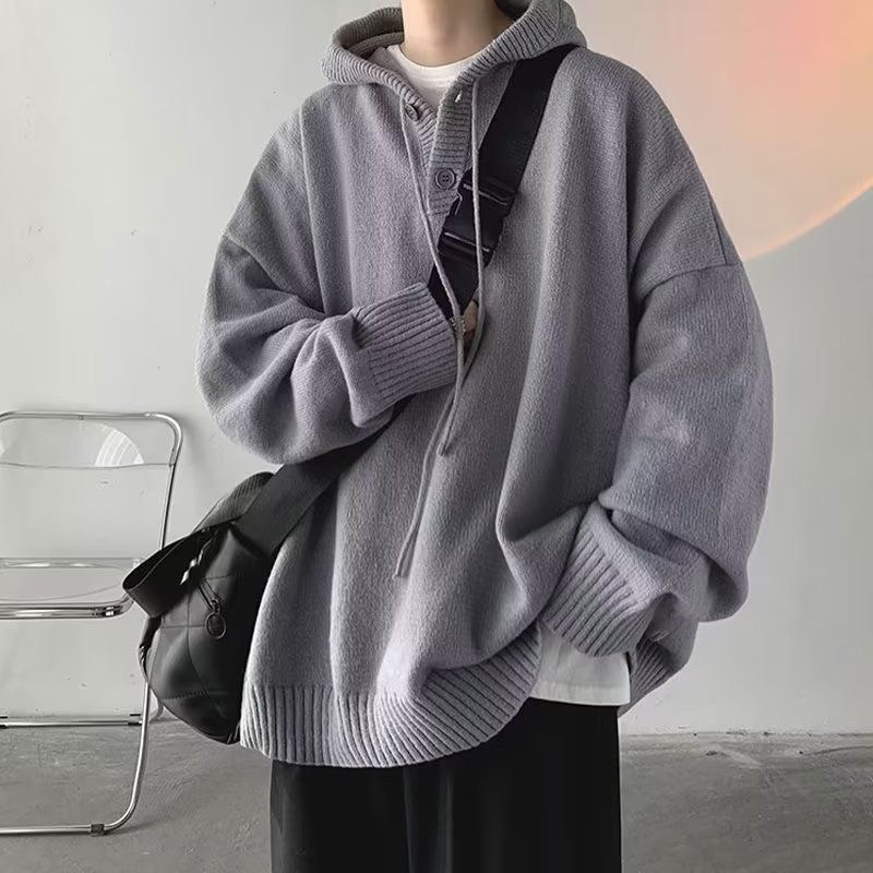 男性セーターストリートヴィンテージフード付きセーター特大プルオーバー男性居心地の良いルーズカレッジ固体ニットトップスストリートパーカー