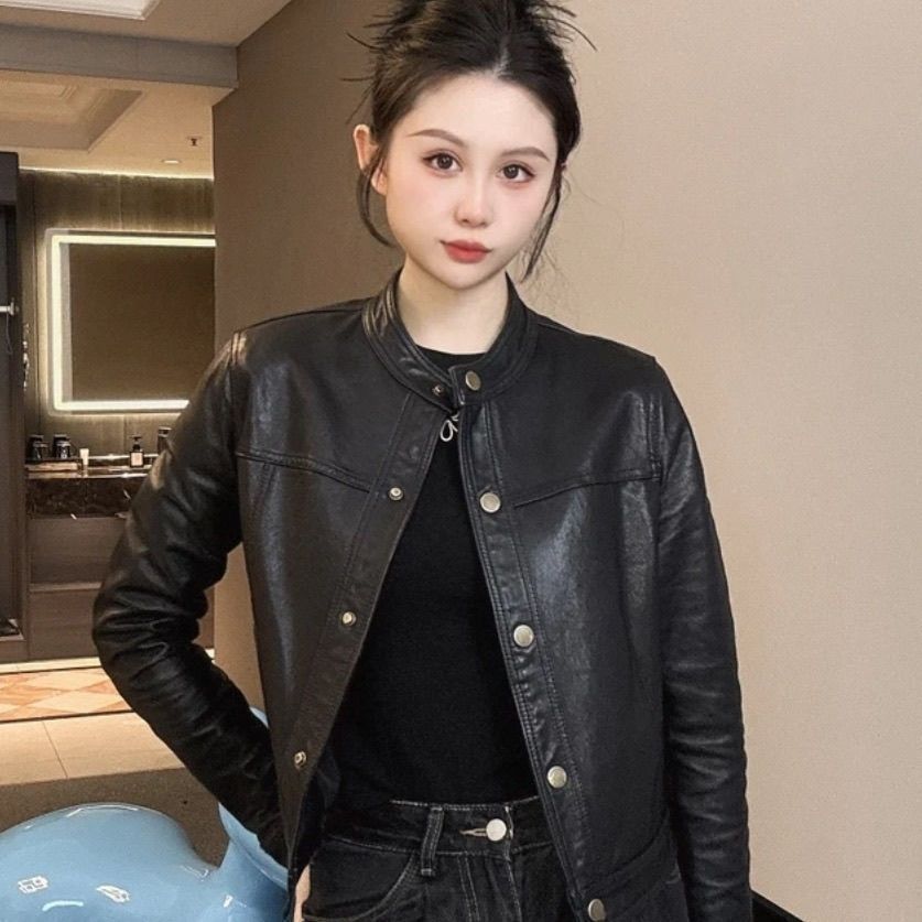 Haening 女性のショートバイカージャケットスタンドカラーレトロレザーコート春秋の新スタイル韓国語バージョンファッショナブルなヴィンテージ
