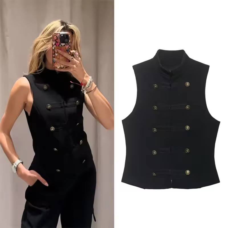 レディース春夏女性トップ新黒ノースリーブロープノット装飾スリムフィットトップベストユニークなファッションクールトレンディな女性