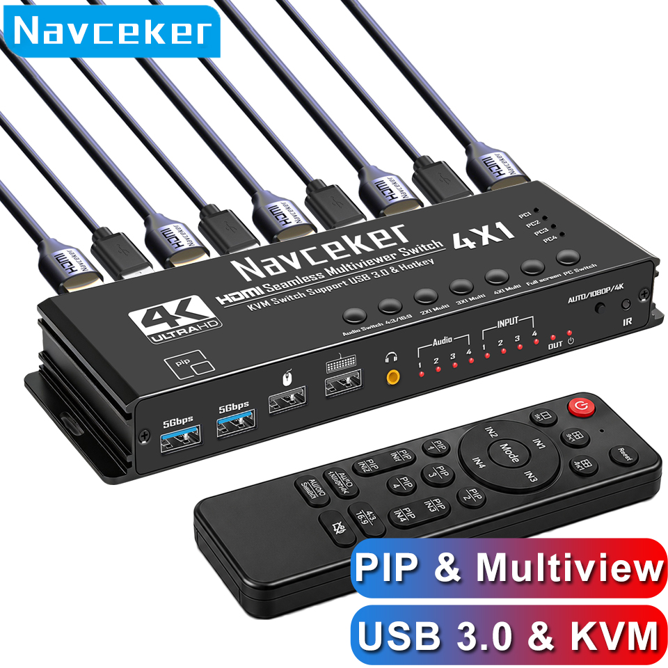 Navceker KVM スイッチ HDMI 4K クアッド マルチビューア HDMI 4x1 USB 3.0 PIP HDMI シームレス スイッチャー 4 in 1 out 共有 4 PC キーボード マウス