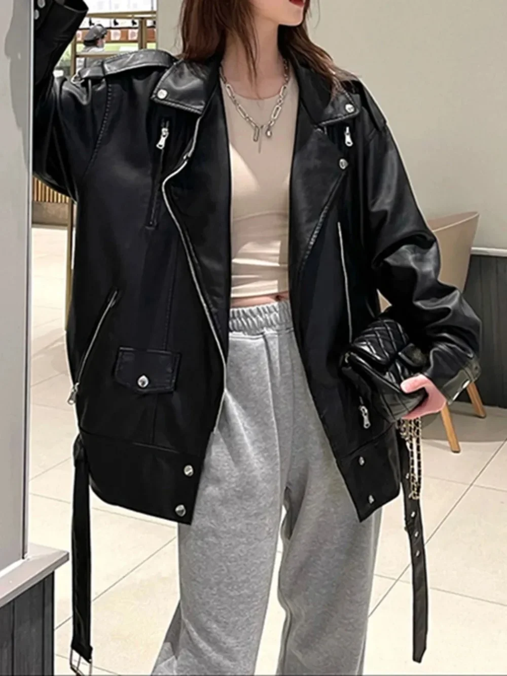 黒 PU レザージャケットヨーロッパオートバイフェイクレザージャケットファッション女性ベルトオーバーサイズルーズ因果アウターウェア