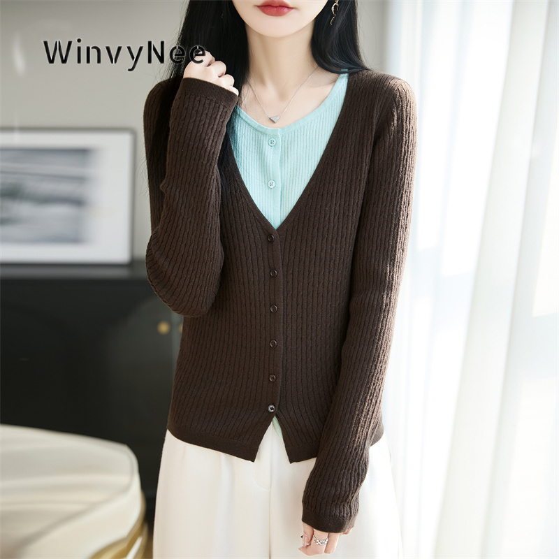 WinvyNee 女性上質ピュアウールツイストニットフェイクツーピースカーディガンソフトオープンニットルーズカジュアル秋のファッションアウター ZB1227025