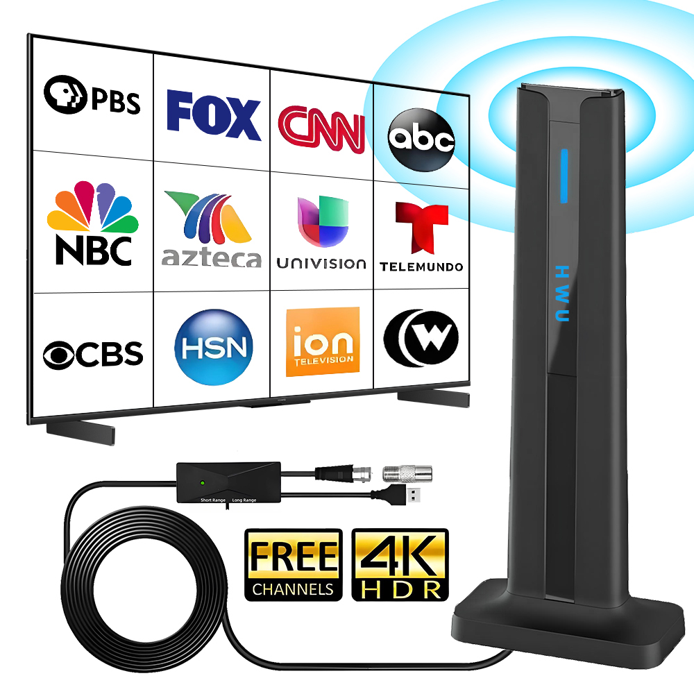 信号ブースター付き屋内 TV アンテナ、4K 1080P ローカル チャンネルをサポートします。長距離 HD アンテナ、USB 電源、バッテリー不要。