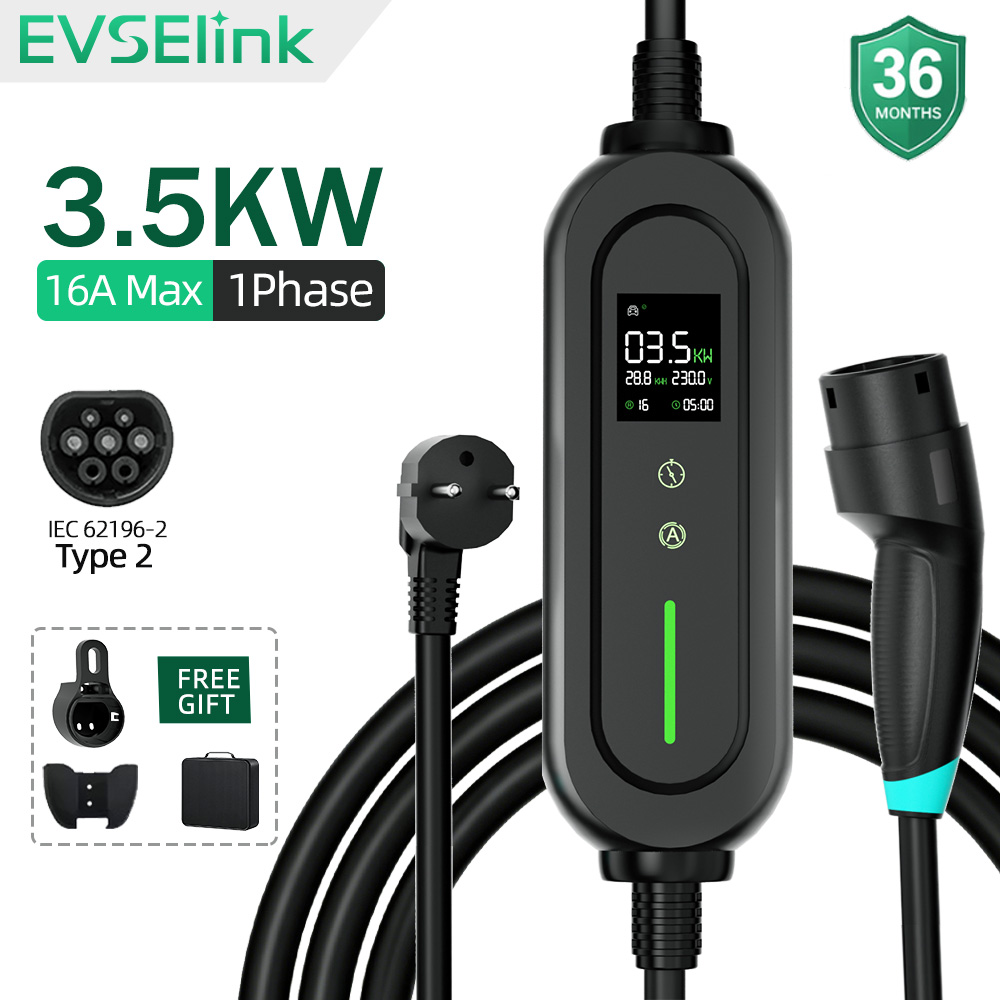EVSELink EV ポータブル充電器 Type2 16A 3.5kW ポータブル充電ボックス 5 メートルケーブルソケット EV 充電器電気自動車車の充電器