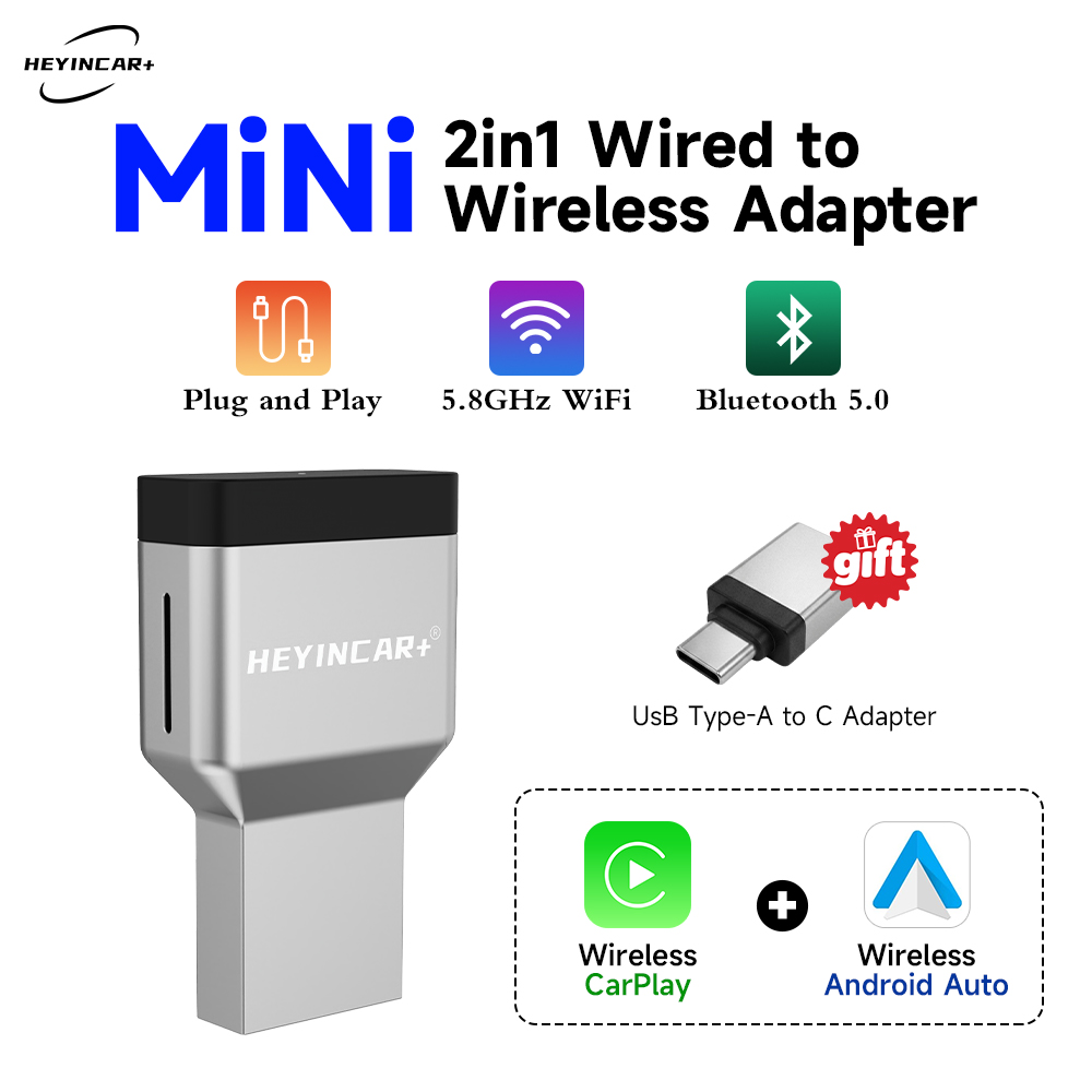 HEYINCAR iPhone および Android 携帯電話用ミニプラグ用の新しいワイヤレス CarPlay 2in1 アダプター