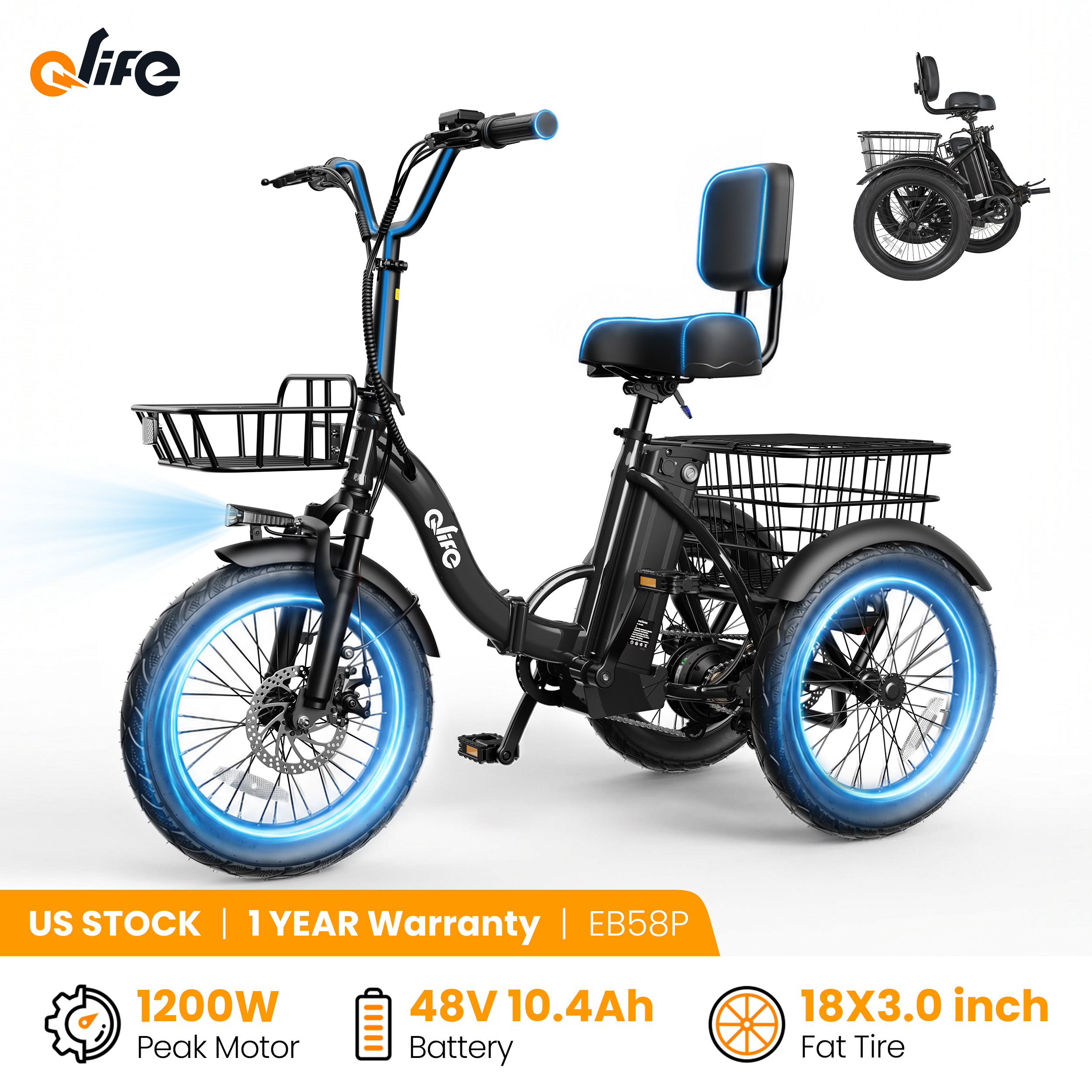 Qlife Triker 2.0 折りたたみ電動三輪車、1200W モーター 48V 10.4AH 取り外し可能バッテリー、18 インチ X3 インチのファットタイヤ電動三輪車、時速 18 マイル、最大 50 マイル Etrike