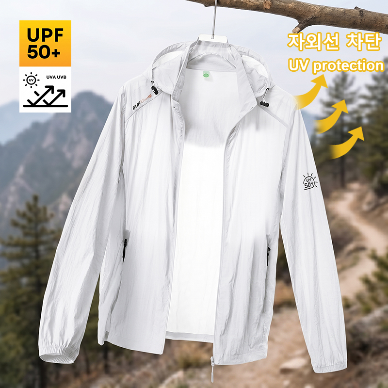 Summer Men Hooded Windbreaker Jacket UPF 50+ Sun Protection Ultra Light Zipper Pocket Elastic Cuffs Outdoor Hiking Skin Coat