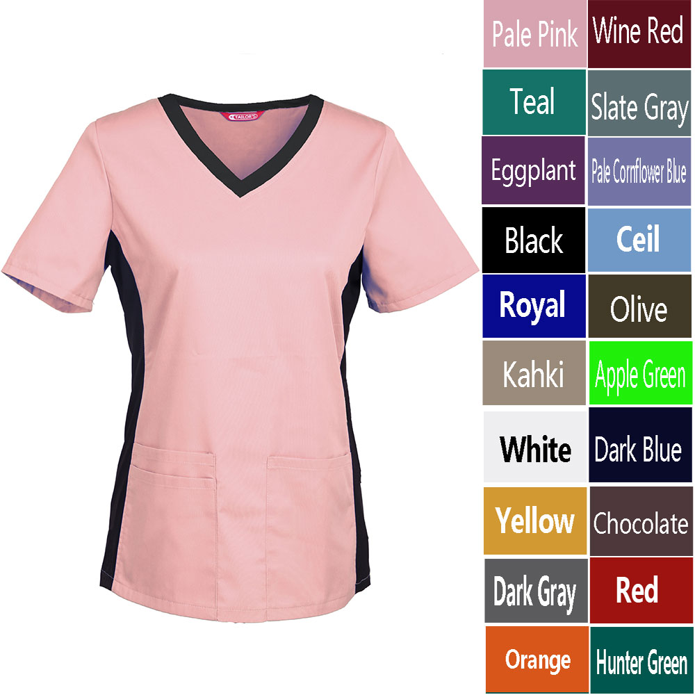 Women's Scrub Top Nursing Uniform Blouse Short Sleeve V-neck Working Top with Pockets