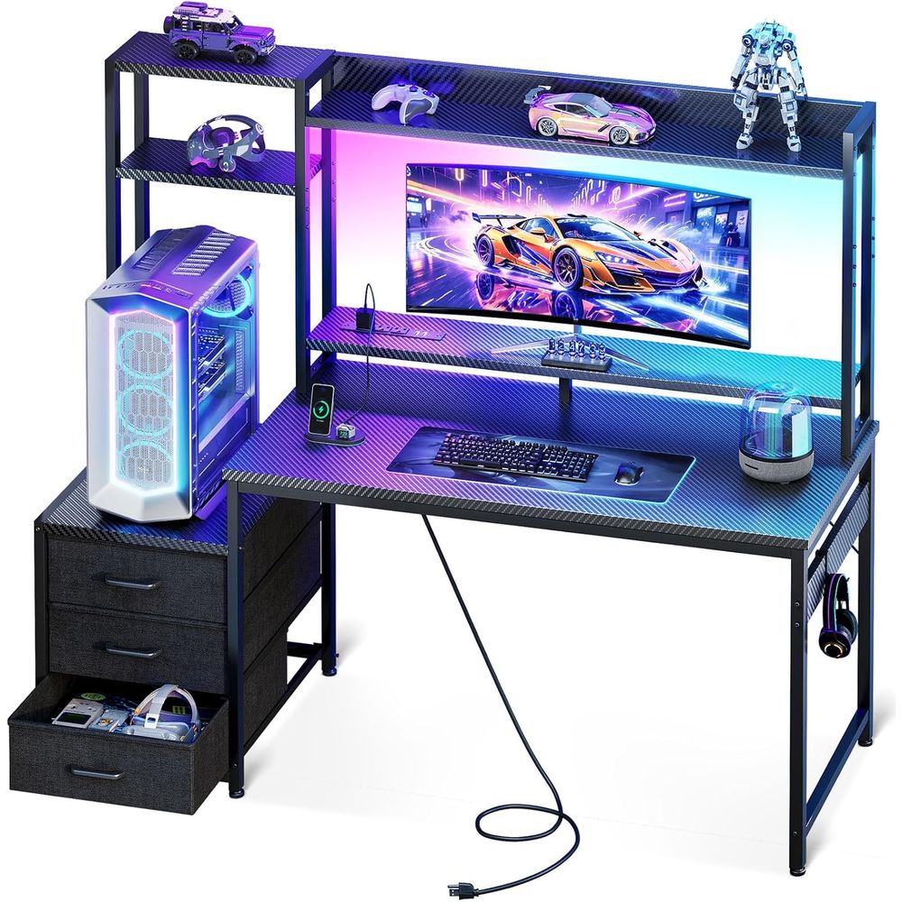 ハッチ、ファブリック引き出し、USB ポート、LED ライト、PC ゲームまたはホーム オフィス用リバーシブル モニター スタンド付き 48 ゲーミング デスク (カーボ)