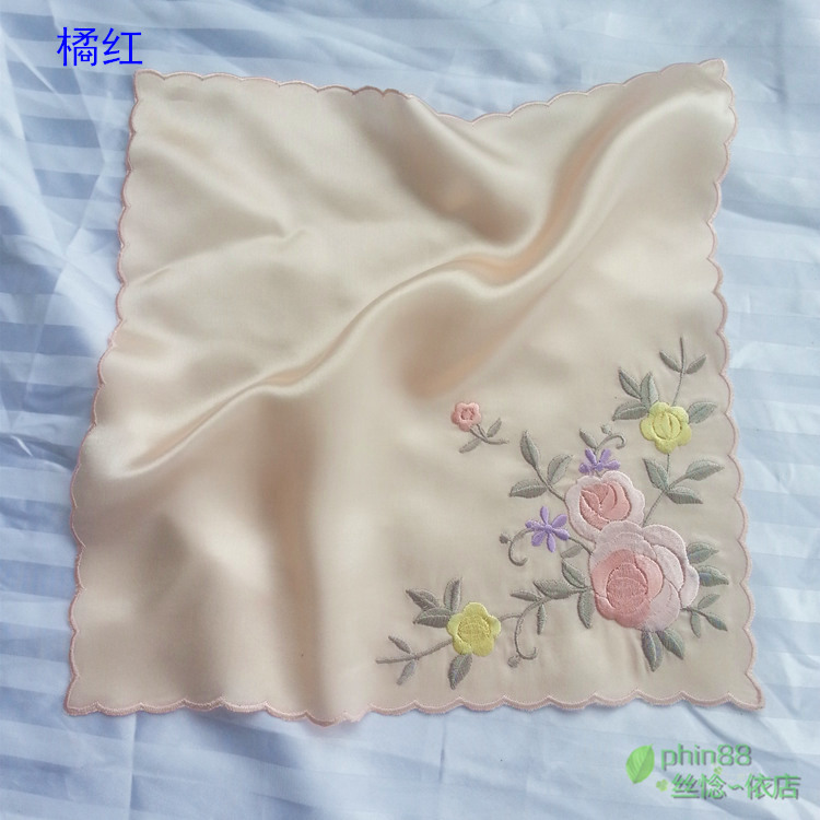 レディース 100% ピュアシルク 16.5mm サテンシルク刺繍 スクエアハンカチ 26cm 10インチ WJ007