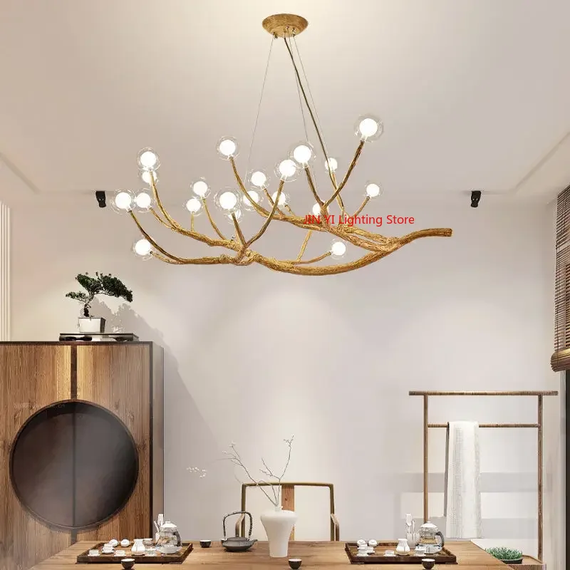New Simulation Resin Iron Tree Branch Glass Bubble Led Retro  Pendant Chandelier For Living Room Decor Hanging Lighting