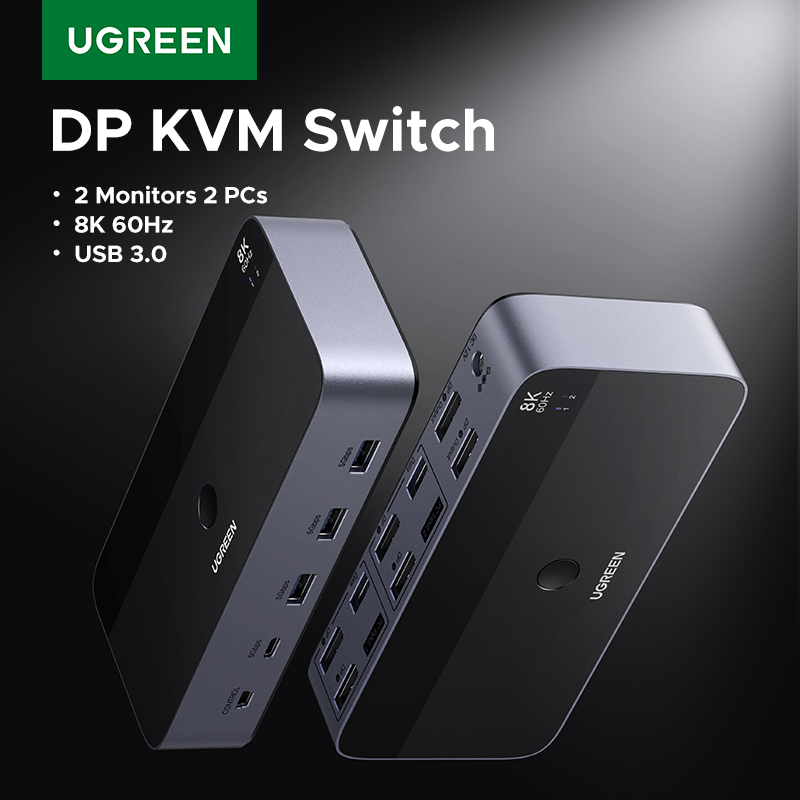 UGREEN DP KVM スイッチ 2 モニター 2 PC 8K 60Hz USB 3.0 共有キーボードマウスモニター HDR 3D ラップトップデスクトッププリンター用