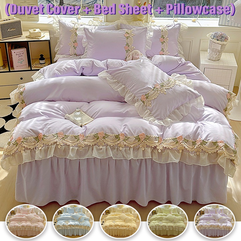 4PCS Lace Ruffle Bedding Set Princess Style Embroidered Bedspread Duvet Cover Pillowcases Quilt Cover for Twin Queen King 이불커버세트