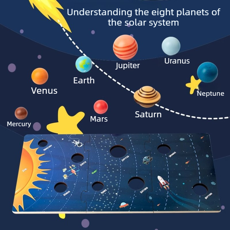 Eight Planets Puzzle Wooden Toy Earth Sun Solar System Planet Cognition Montessori  Educational Toy 3D Puzzle Scientific Toy
