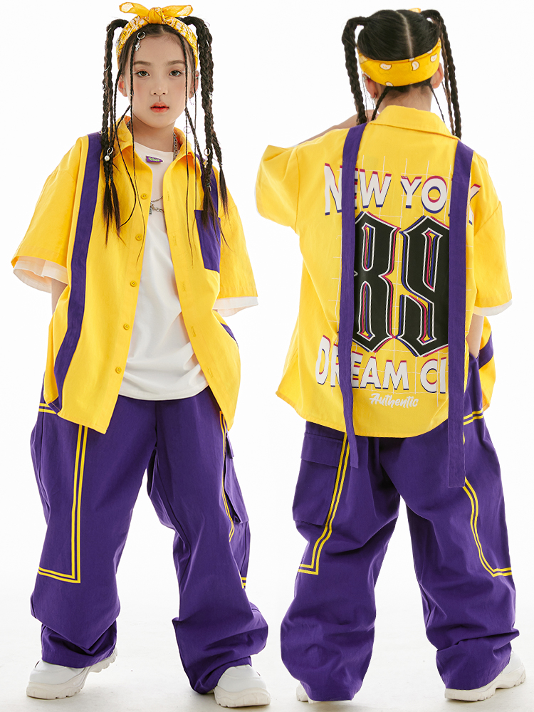 子供ヒップホップダンス衣装ルーズオーバーオール紫コートパンツストリートダンス服少年少女ジャズドラムショーステージ服