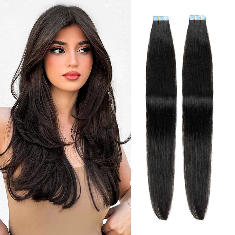 ナチュラルブラックミニテープヘアエクステンション人毛ヘアエクステンション 3 × 0.8 センチメートルテープオンヘア 10 ピース/パック追加ボリュームテープイン