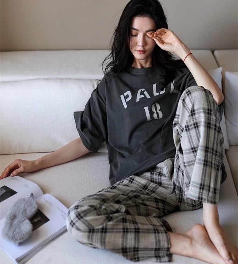 女性の夏の売れ筋半袖パジャマホームスーツセット、ゆったりとした柔らかい文字、半袖パンツホームスーツセット