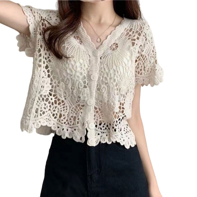 女性フレンチスタイル半袖レースすくめ中空かぎ針編みニットカーディガン V ネックボタンダウンシアークロップ Jac