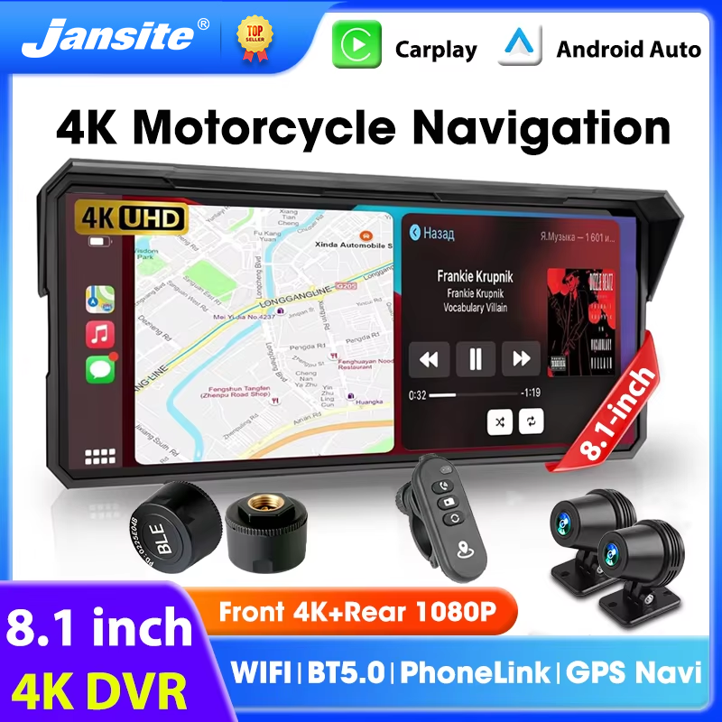 Jansite 8.1 インチオートバイ Carplay 4K 1080P デュアルレンズ IPX7 防水ワイヤレス CarPlay と Android Auto Moto GPS ナビゲーション
