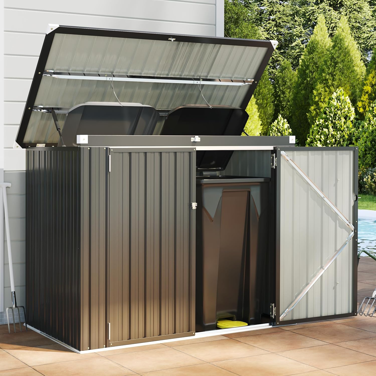 屋外ゴミ箱収納小屋 - 金属製防水屋外ゴミ箱、チェーン蓋付きオーガナイザー、ゴミ箱に最適、カスタム