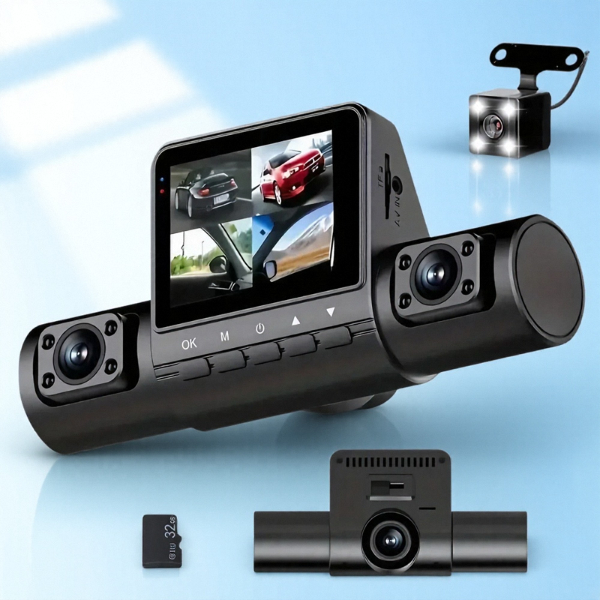 3カメラカーレコーダー1080P HDナイトビジョン付き駐車監視IPSスクリーンフロントリアインサイドダッシュカムサポートラップトップコンピュータ