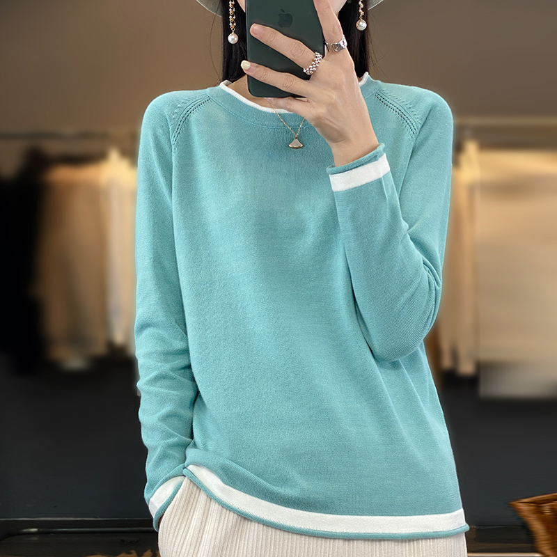綿 100% ニット女性のラウンドネックセーター春と夏の新しいルースカラーマッチングコットンとリネンボトリングシャツ
