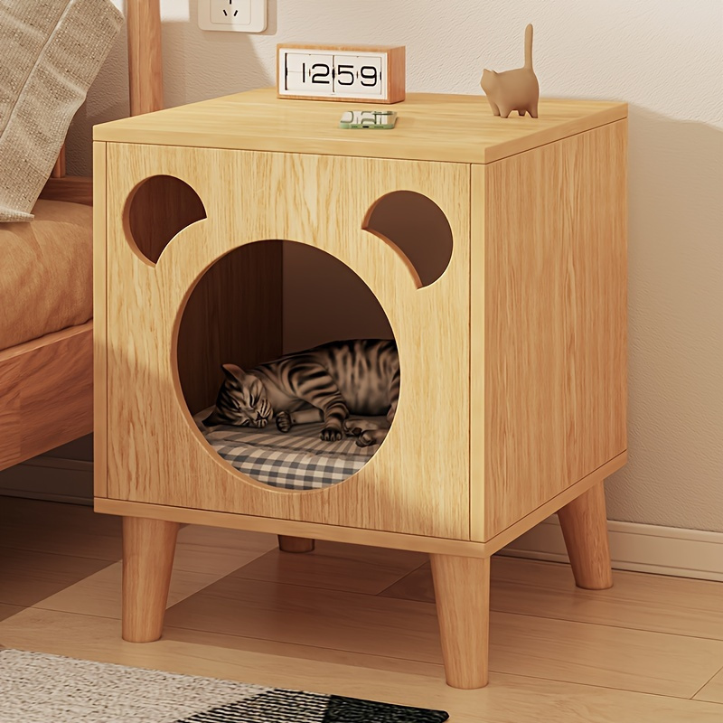 木製キャットハウス - ベッドサイドテーブル - 猫用の居心地の良い屋内睡眠巣