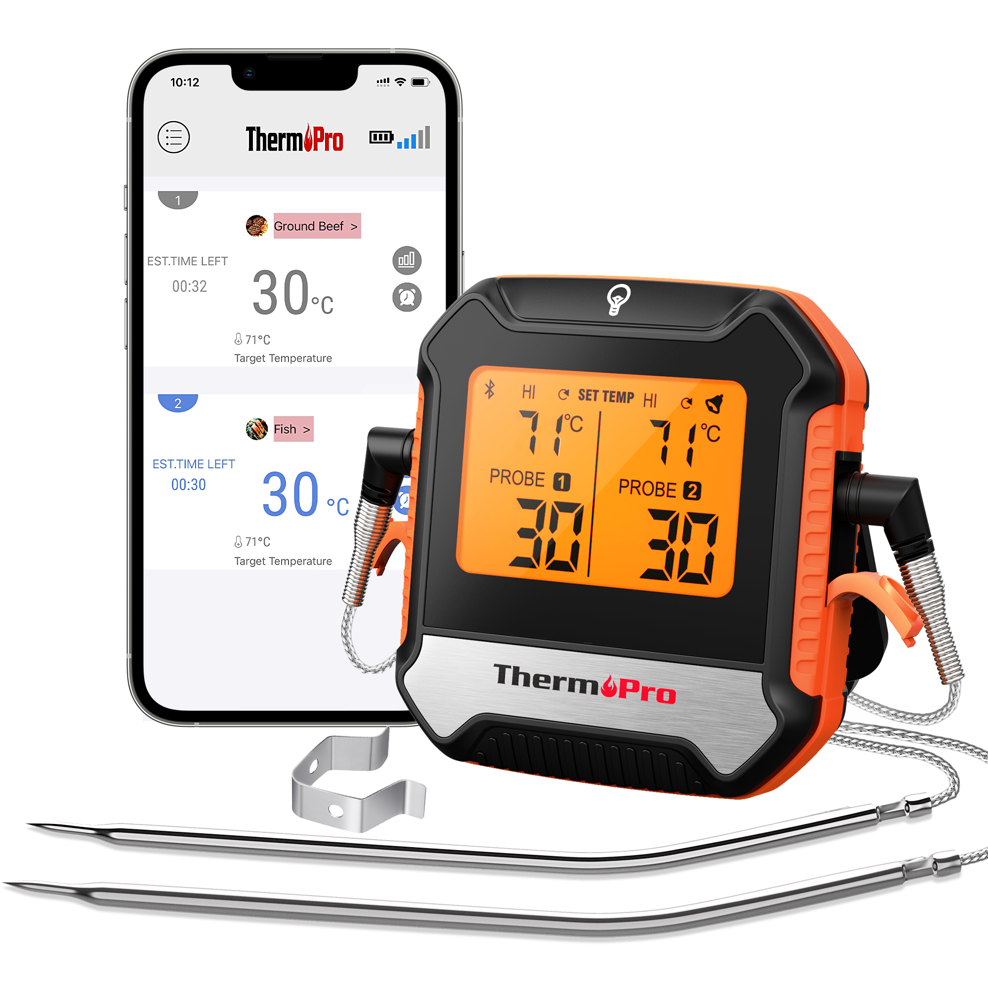 ThermoPro TP904 Bluetooth 接続 APP ワイヤレス 135M デュアルプローブデジタル肉用温度計、アラームタイマー付きキッチン温度計