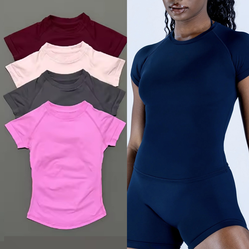 yD-F-ロゴ レディース 半袖 フィットネス ヨガ トップ 通気性 伸縮性 スリム スポーツ Tシャツ ジム ワークアウト ランニング カジュアル アクティブウェア
