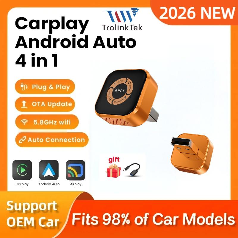 4in1 ワイヤレス CarPlay ドングルワイヤレス Android 自動アダプタ AI スマートボックス車インテリジェントシステム車用有線 CarPlay