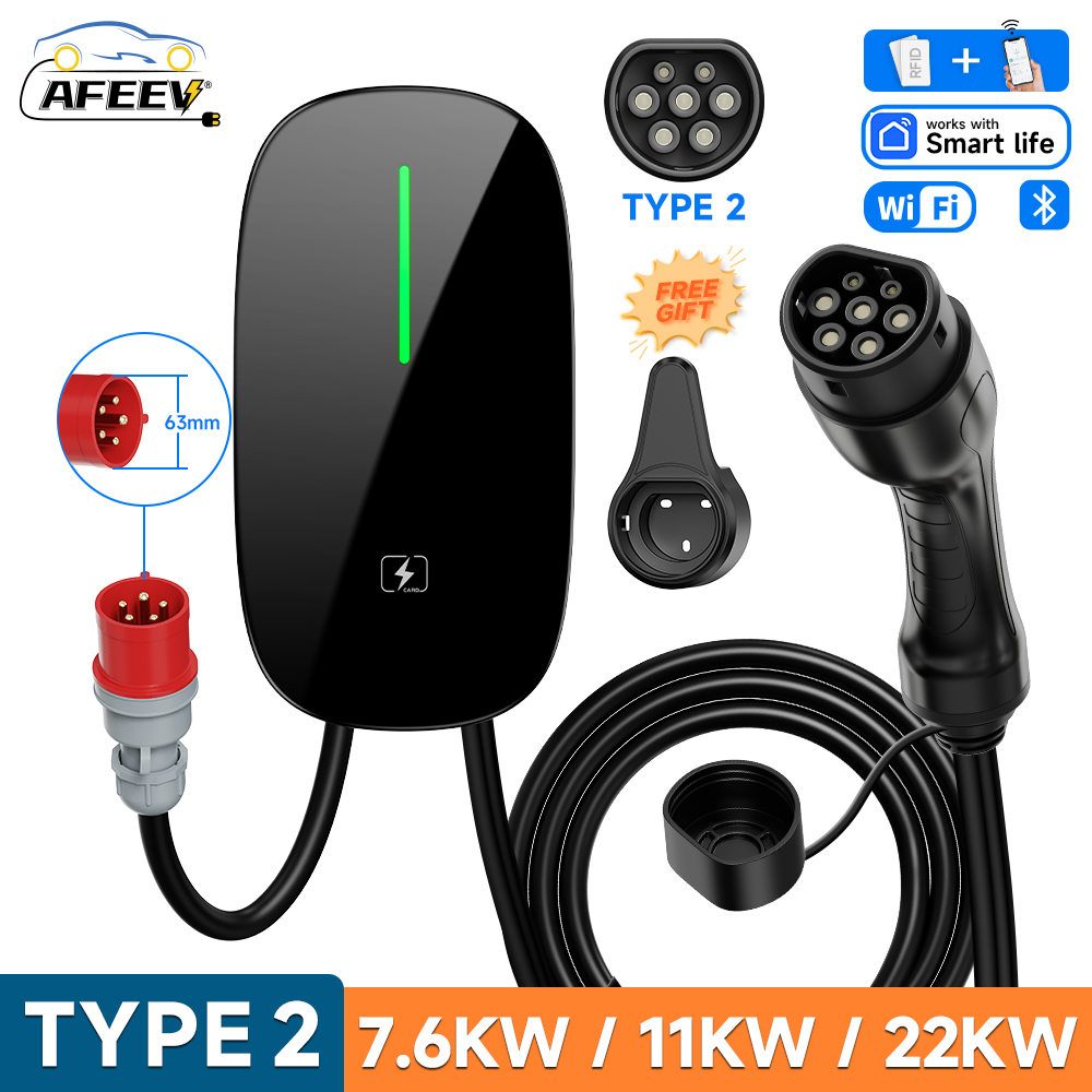AFEEV 7.6/11/22KW EV 充電ステーション Type2 IEC 62196-2 電気自動車充電器 32A EVSE ウォールボックスウォールマウント充電器 WiFi アプリ制御