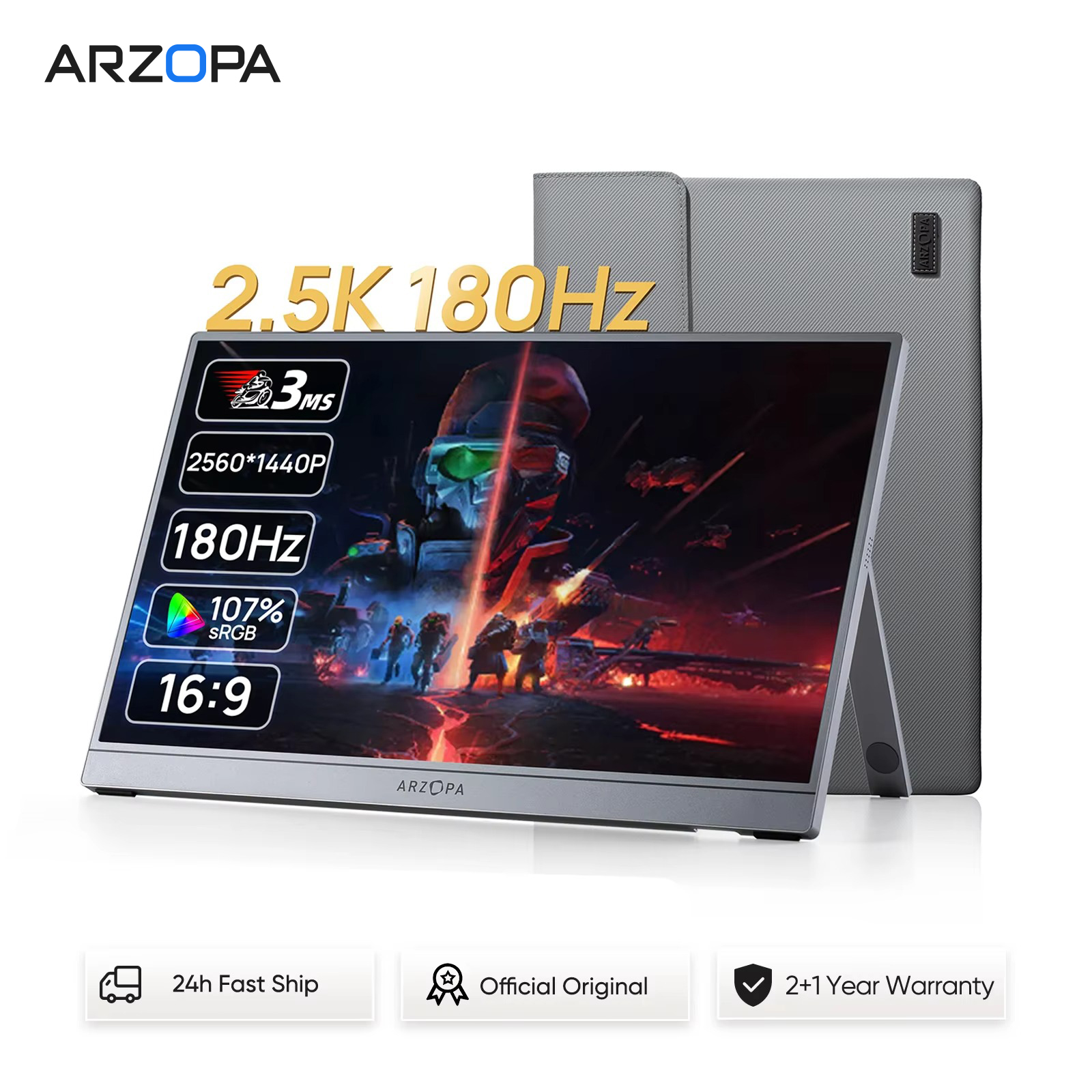 ARZOPA 16.1インチ 180HZ 2.5K ポータブルモニター 107% sRGB HDR IPS 外部セカンドスクリーン ラップトップ/PC/PS5/Mac/Xbox Z3FC グレー バッグ付き