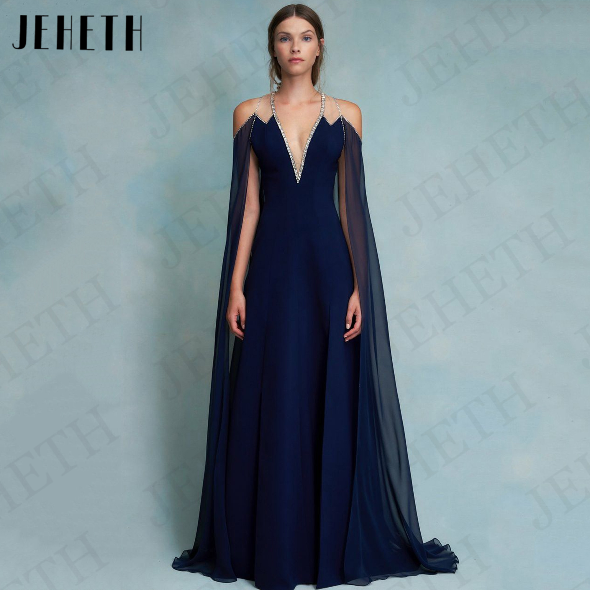 JEHETH オフショルダーイブニングドレスカスタマイズ V ネックシフォン A ラインパーティードレス女性ケープ袖 Vestidos デ Noche 2026