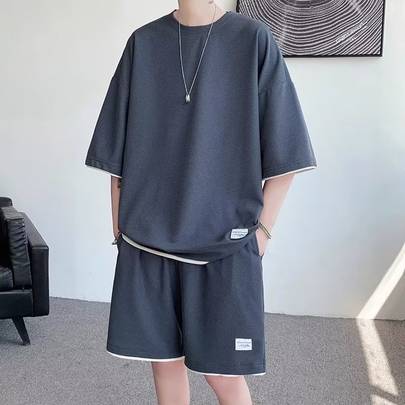新しい夏の男性ワッフルセットカジュアル Tシャツとショーツセット男性スポーツスーツ無地トラックスーツルーズスーツサイズ 5XL