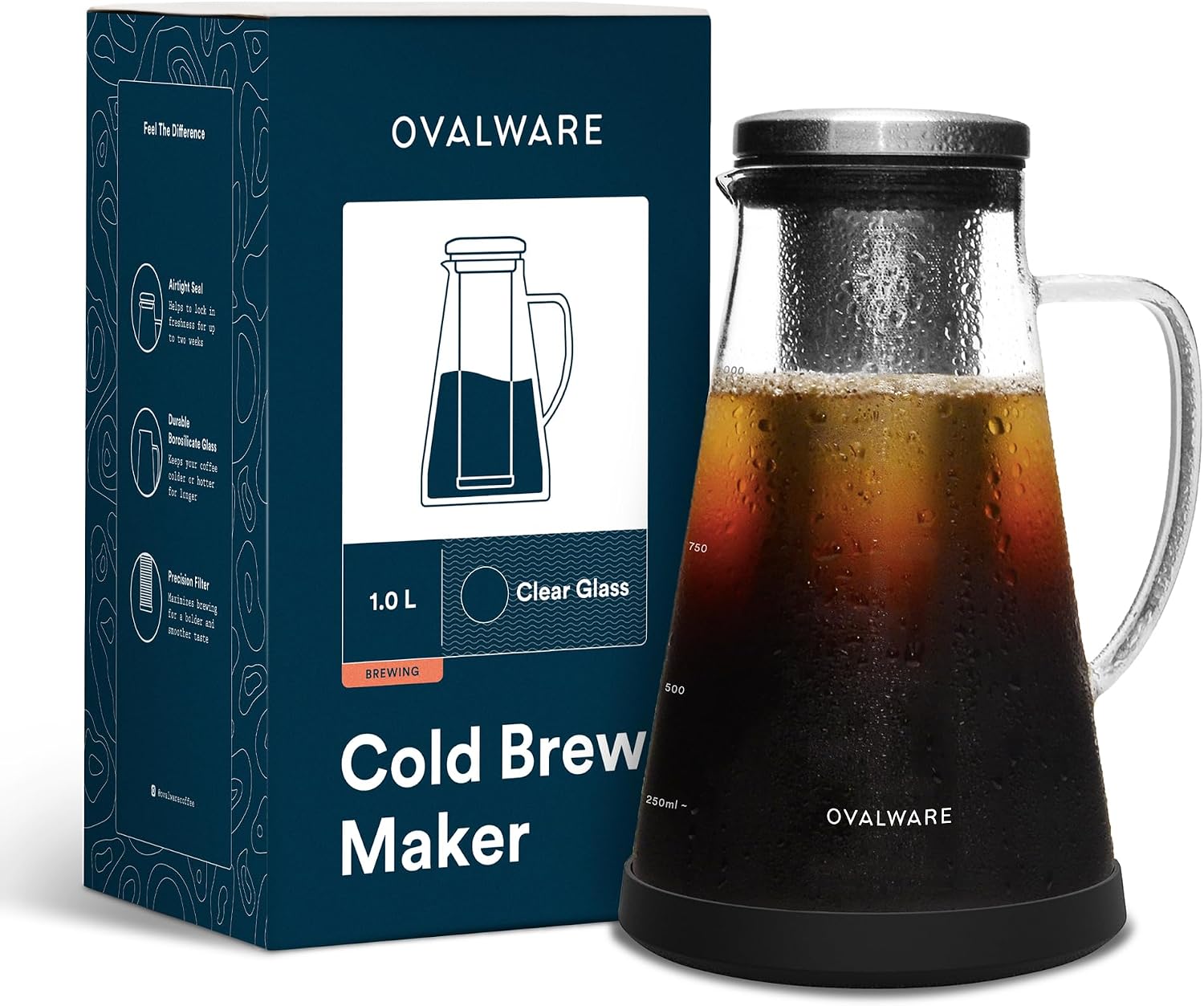 気密水出しアイスコーヒーメーカーピッチャーと注ぎ口付きティーインフューザー - 1.0L / 34オンスのガラスカラフェ、取り外し可能なステンレススチールフィルター付き