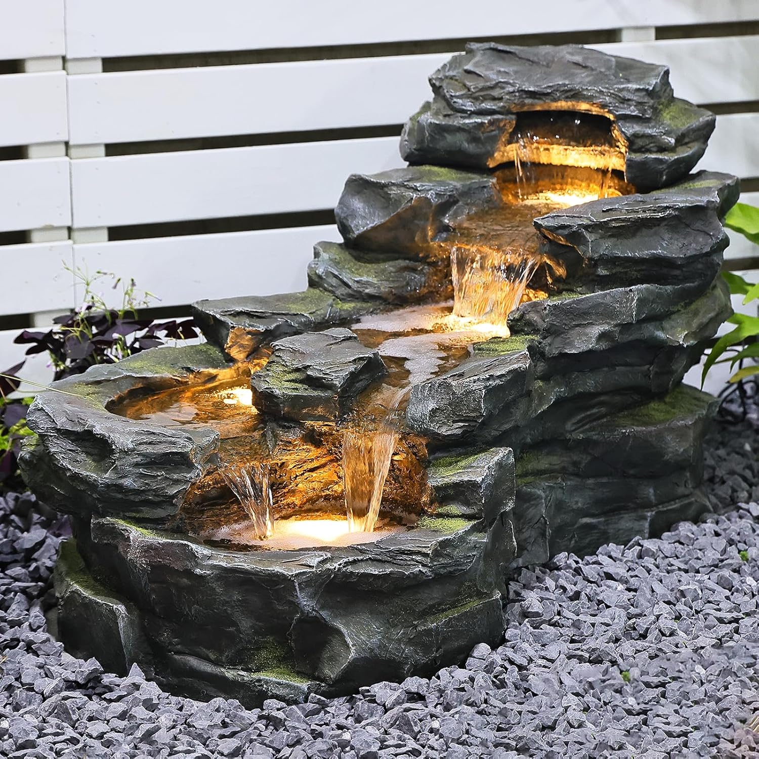 長さ37インチ ガーデン屋外噴水、床置き5段ロックナチュラル滝屋外噴水、LEDライト付き、カスタム