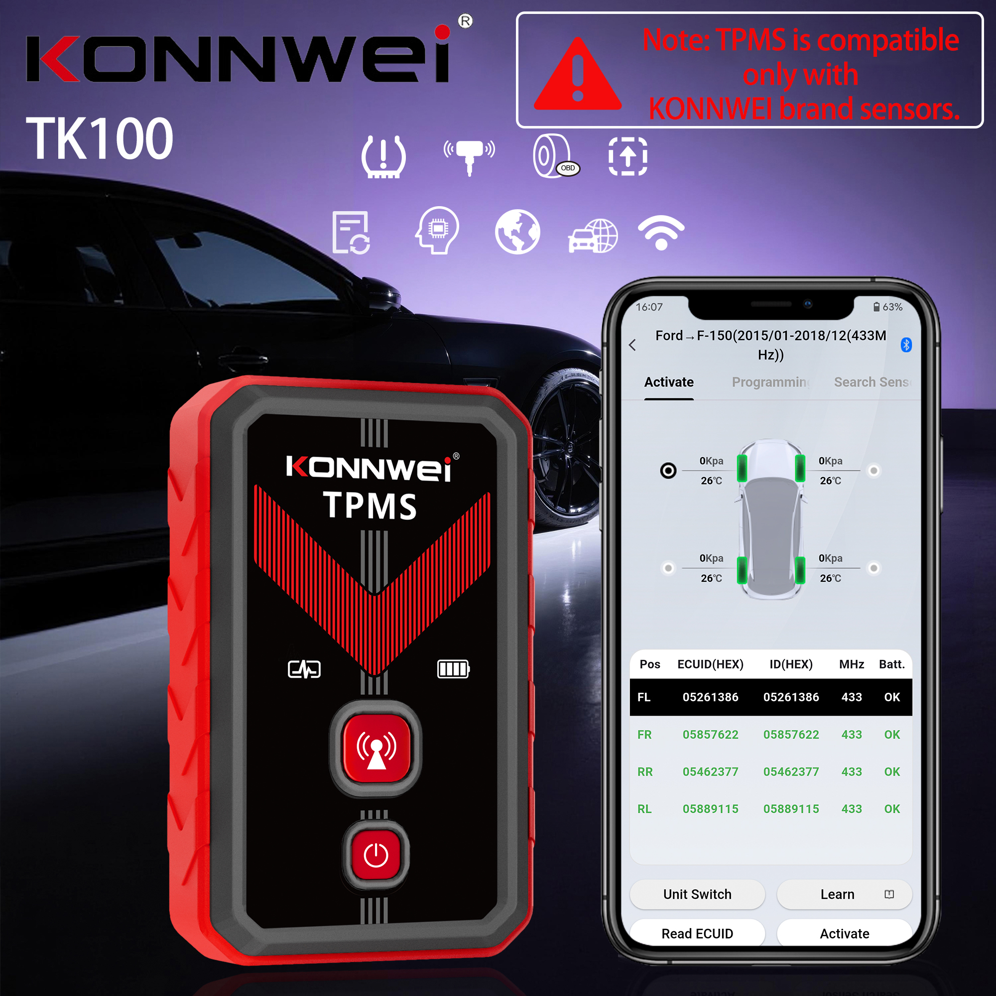 2026 KONNWEI TK100 車プログラム可能な TPMS センサー OBD 再学習ツール 433MHz315MHz プログラミング携帯電話タイヤ空気圧モニターシステム