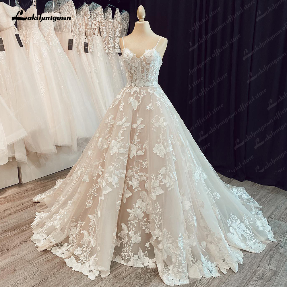Lakshmigown 高級スパゲッティストラップレースの女性の恋人ネックのウェディングドレス花嫁のためのシャンパンのウェディングドレス Vestidos パラボダ