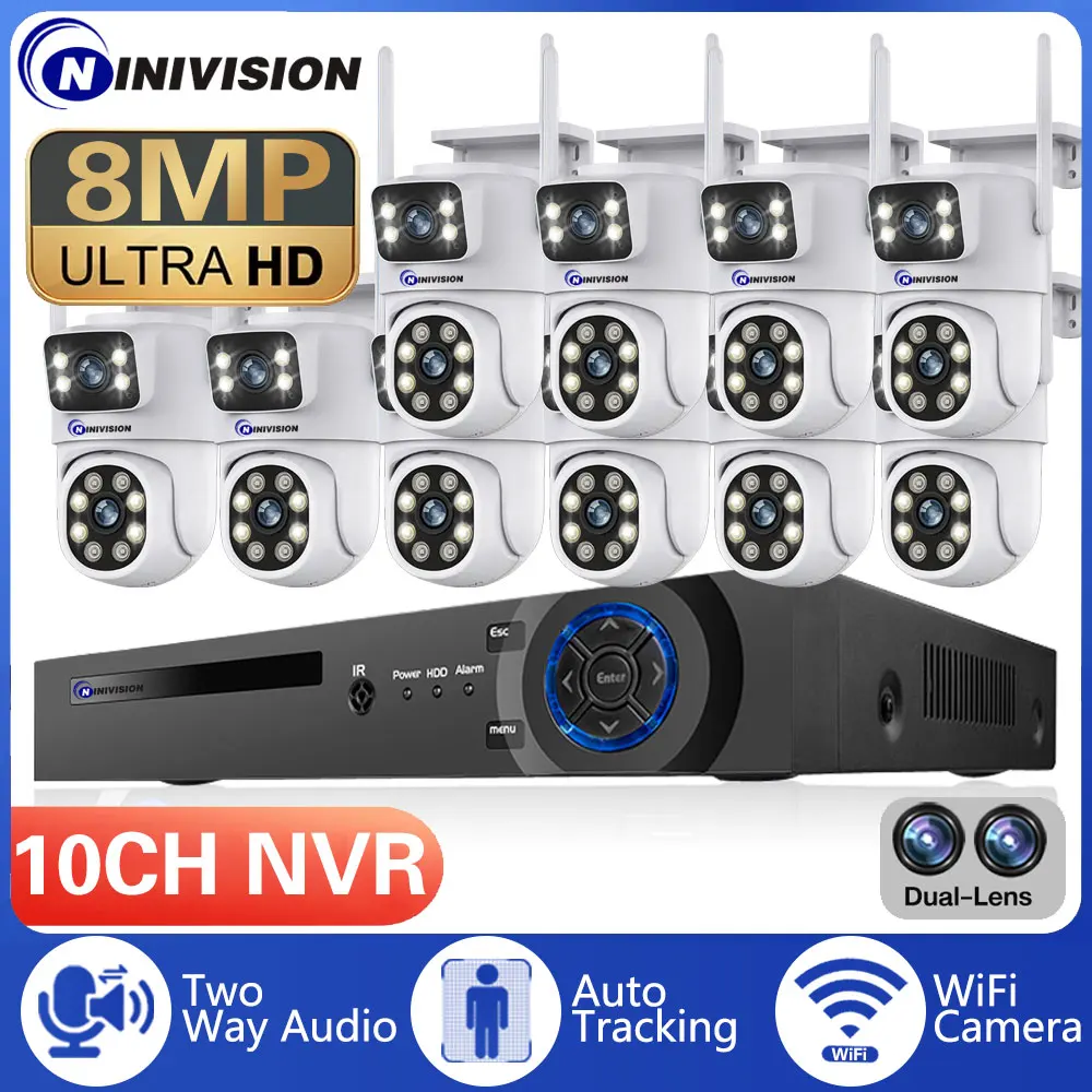 10CH 4K POE NVR HD 6MP デュアルレンズ PTZ WIFI IP ホームセキュリティカメラシステムビデオ H.265 CCTV 自動追跡ワイヤレス監視キット