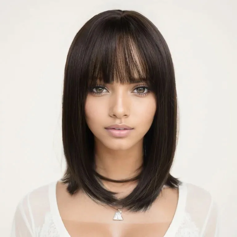 合成ショート ダークブラウンウィッグ ボブ ストレートウィッグ 前髪付き 女性 ガールズ 耐熱 デイリー 仮装パーティー ナチュラルな見た目