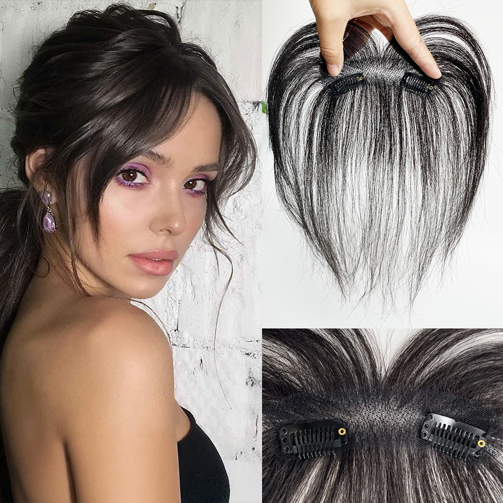 女性用クリップイン前髪 100% 本物の人毛の中間部分の前髪ヘアピース テンプル付き カーテン前髪トッパー ベビーヘア付き