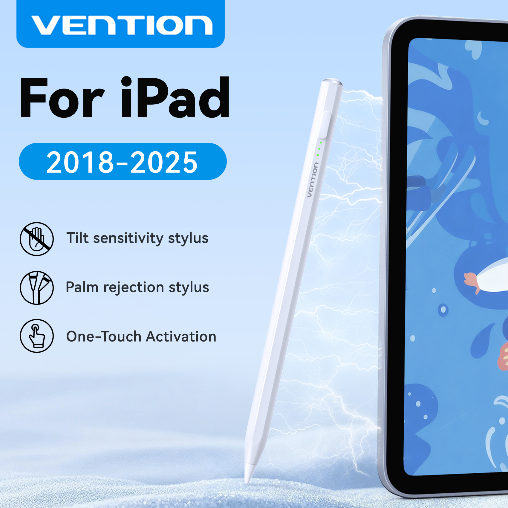Vention Apple Pencil スタイラスペン iPad 2018-2025 プロエアミニ磁気パームリジェクション圧力 Led StylusTouch ペン