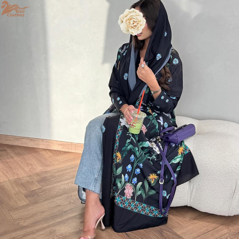 2025 Elegant Dubai Floral Print with Hijab Kimono Abaya Dress Luxury Saudi Arabia Muslim Women Islamic Middle East Turkey Robe