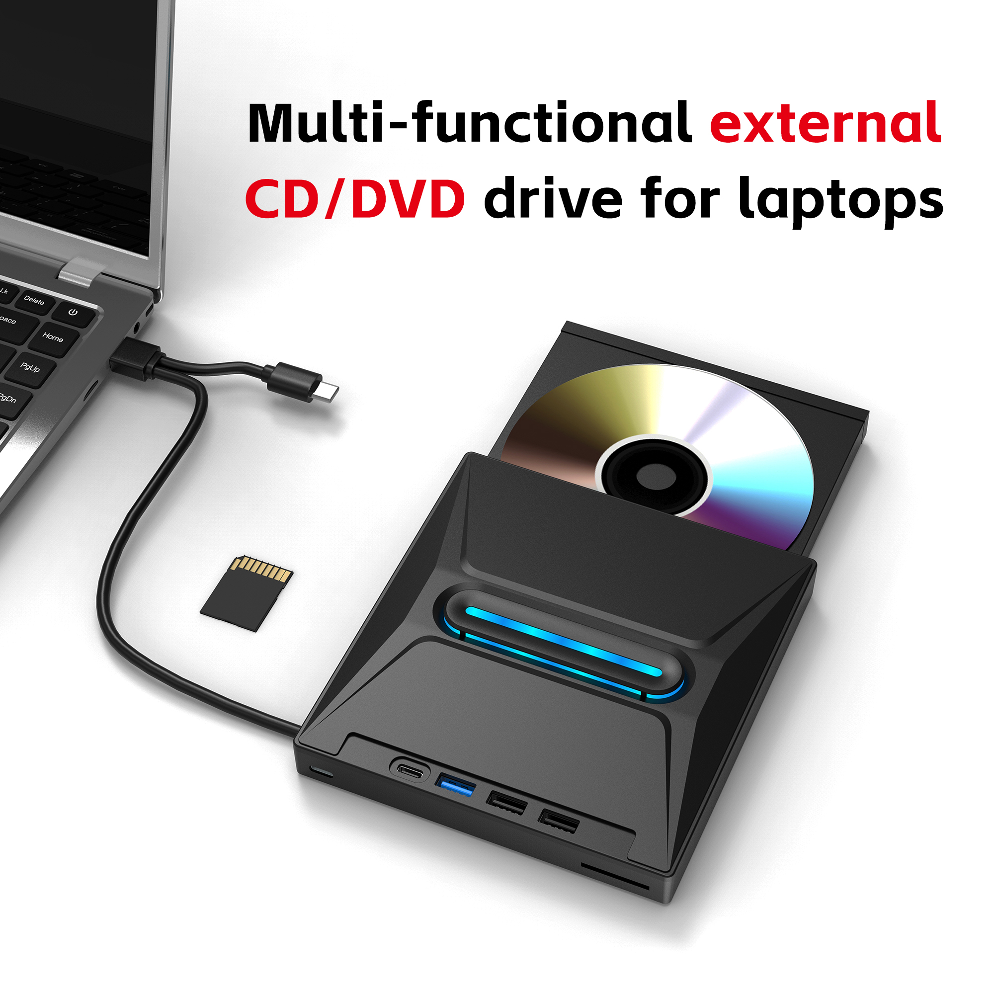 アップグレードされた多機能ポータブル外付け CD/DVD ドライブ、Type-C 互換、CD/DVD /-RW ディスク ドライブ、多機能 DVD /-RW バーナー/プログラマー、SD カード リーダーおよび 3 ポート USB ハブ付き、プラグ アンド プレイ