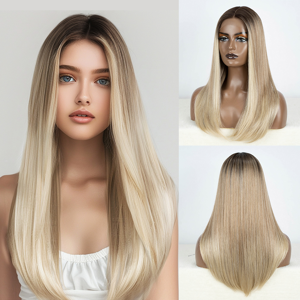 合成レースフロントウィッグロングボブストレートウィッグブラウンブロンド黒色 22 "女性のためのレースウィッグ耐熱コスプレウィッグ