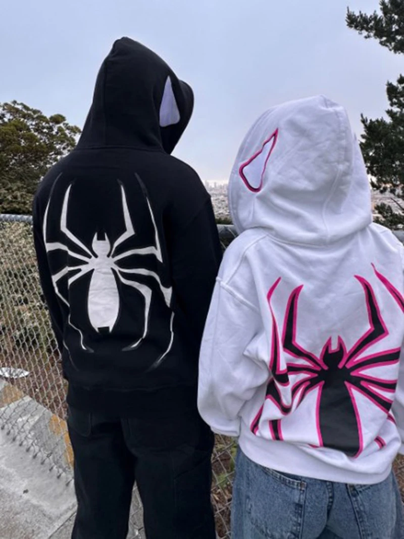 男性の女性のフルジップスパイダーフード付きスウェット原宿ストリート柄物服ジャケットフード付きシャツゴシックパンク服