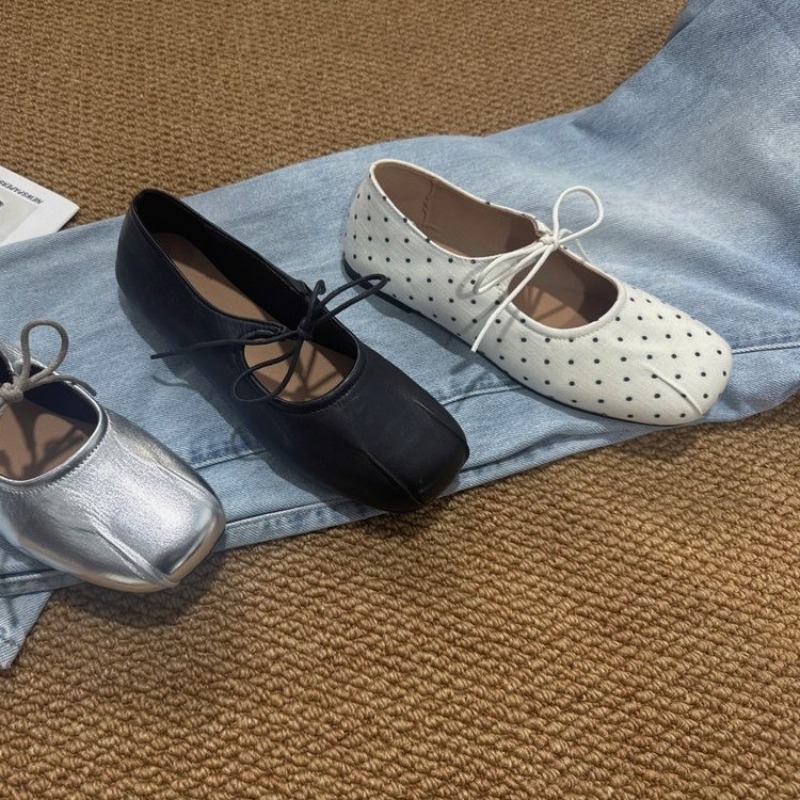 Spring and Autumn Fashion Elegant Square Toes Casual Flat Shoes Women New Fashion Lace-up Soft Comfortable Ballet Shoes 1475