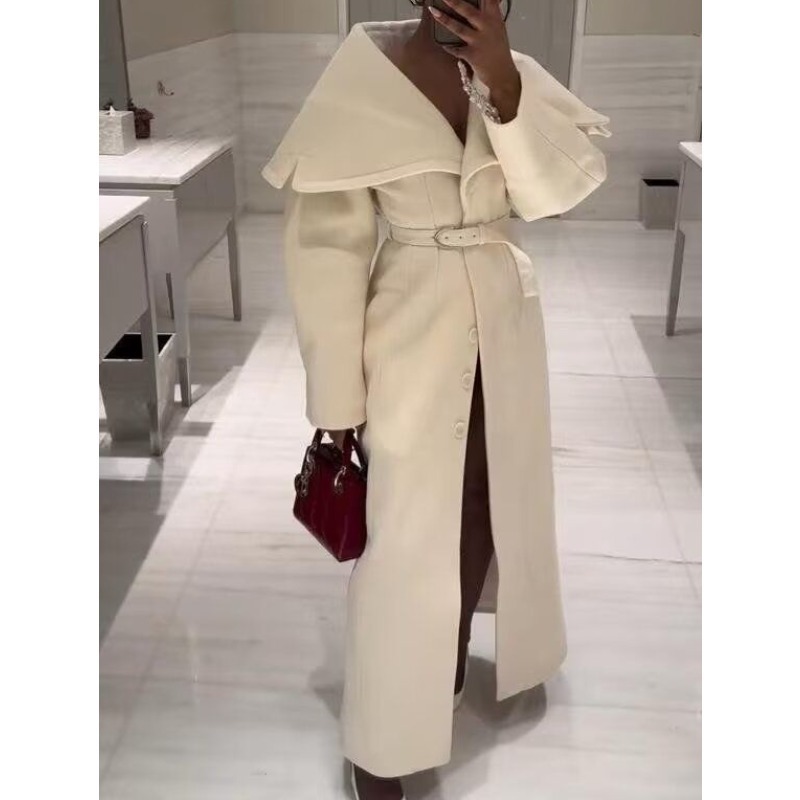 Autumn and winter women's clothing fashion temperament lapel with belt long woolen coat jacket design sense versatile